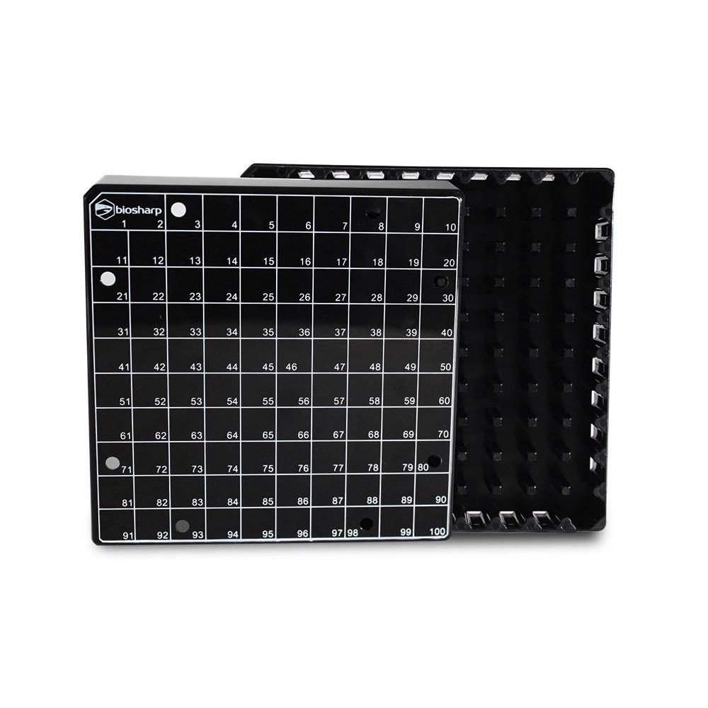 Biosharp 2mL Cryogenic Vial Box, for 100 Vials, Polypropylene Box, Polycarbonate Lid, Black