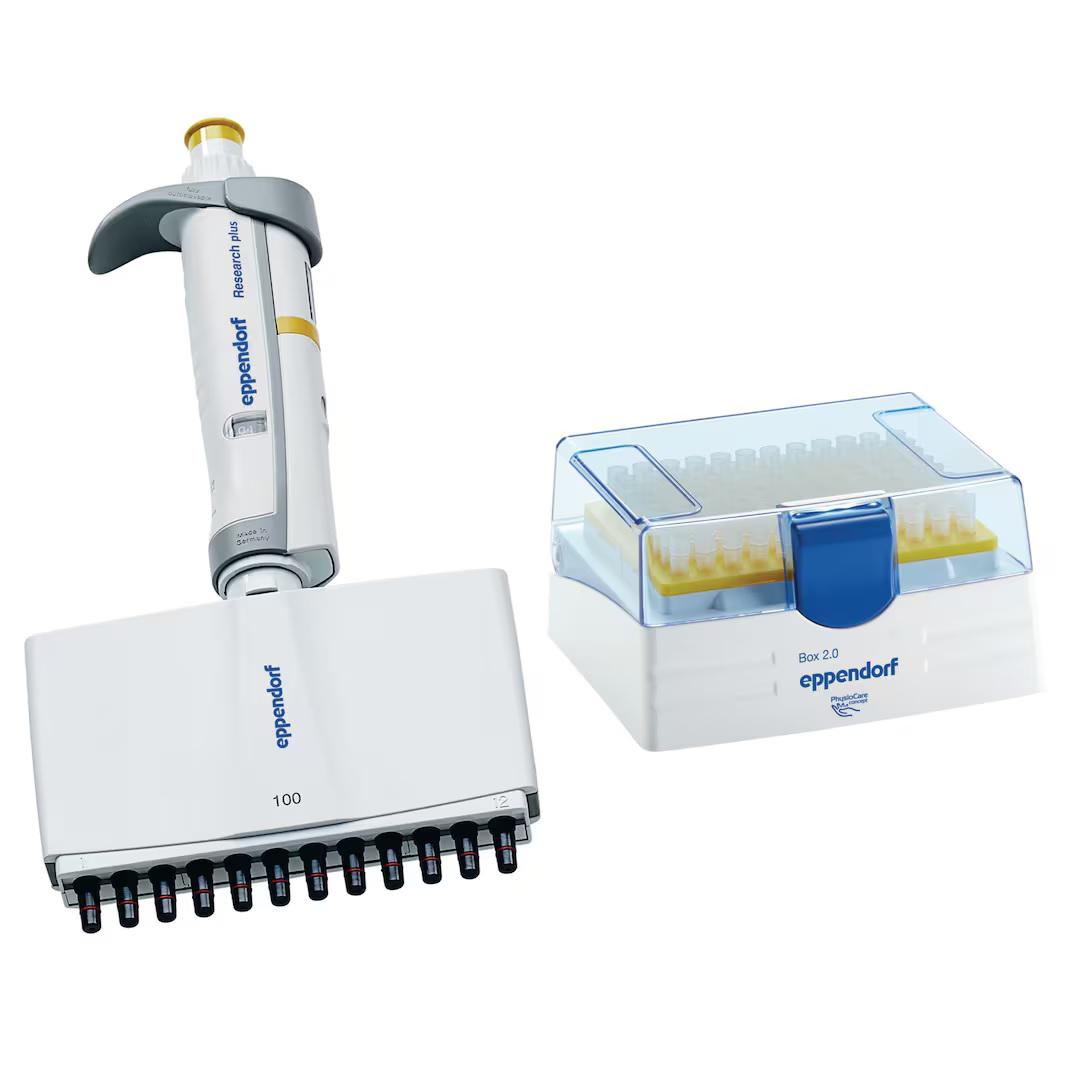 Eppendorf Research® plus, 12-channel, variable, incl. epT.I.P.S.® Box 2.0, 10 – 100 µL, yellow
