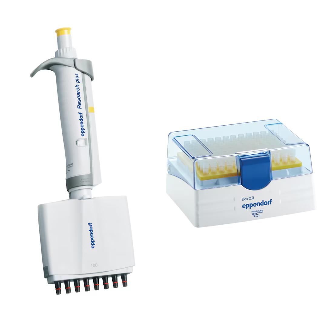 Eppendorf Research® plus, 8-channel, variable, incl. epT.I.P.S.® Box 2.0, 10 – 100 µL, yellow