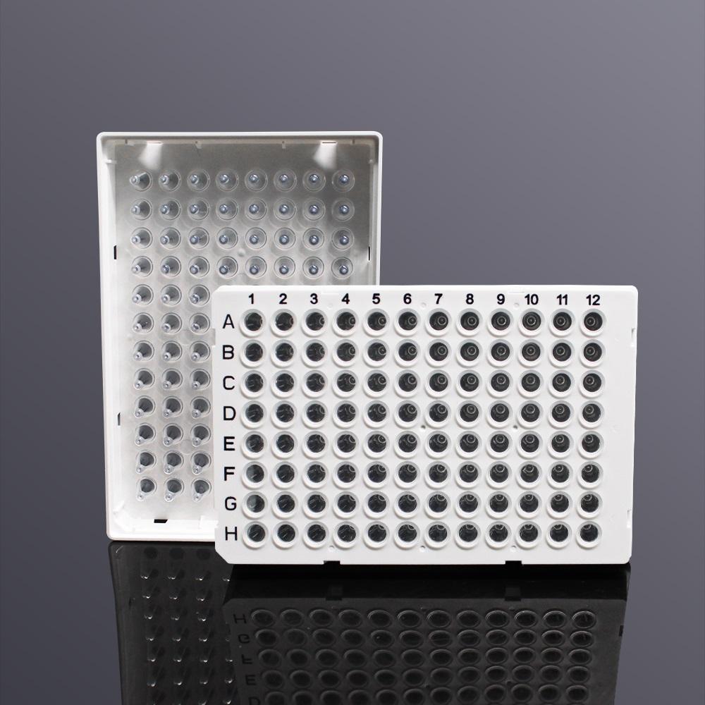 LabSelect 96-well 100ul fully skirted PCR plate, H1 cut corners, white frame, clear tubes