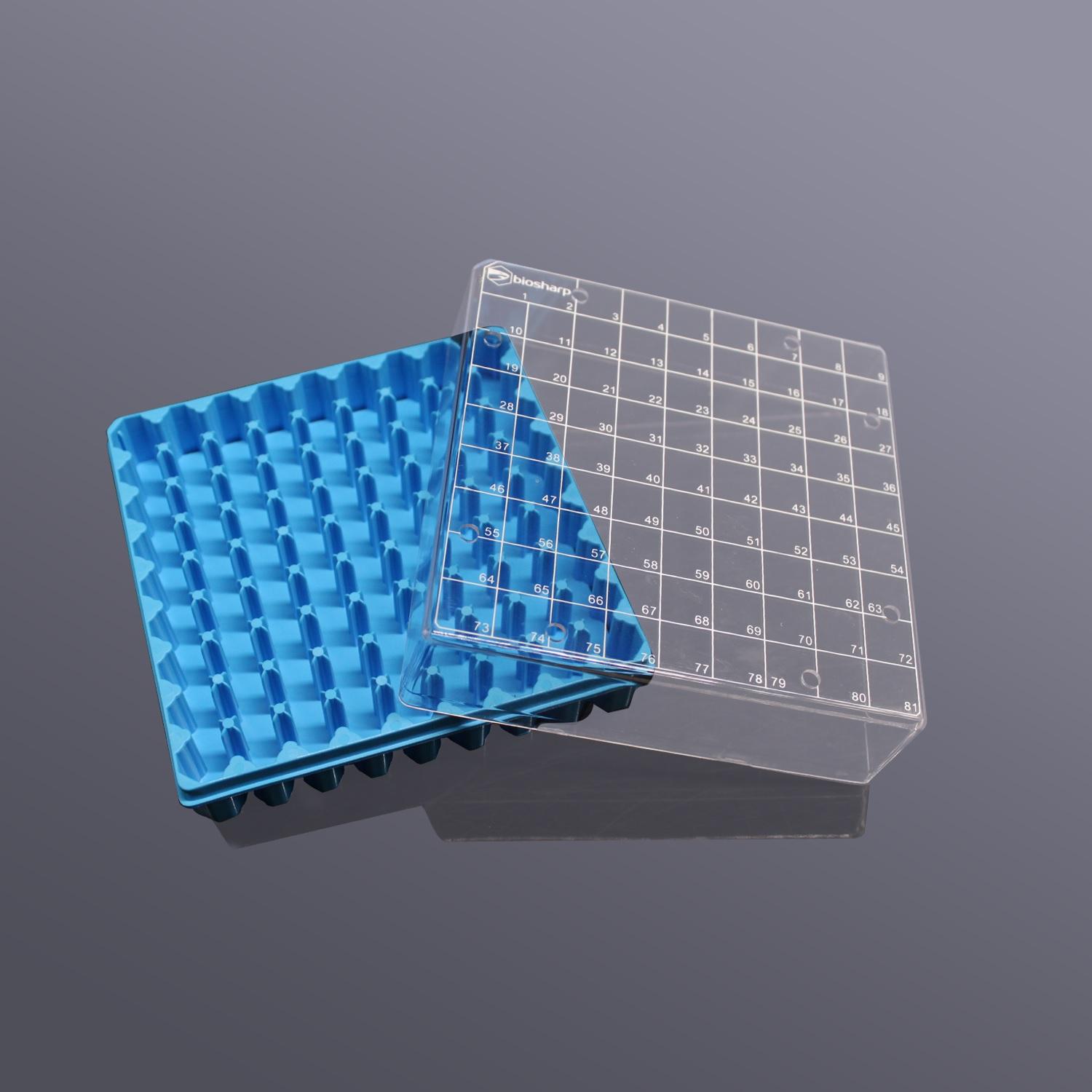 2ml Polypropylene cryogenic vial box with polycarbonate lid, for 81 vials